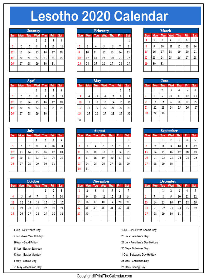 Lesotho Printable Calendar 2020